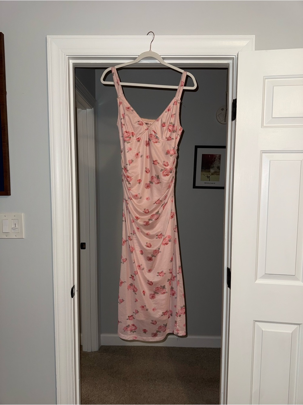 Floral Blush Pink Ruched Midi Slip Dress — Women's Sleeveless Dress